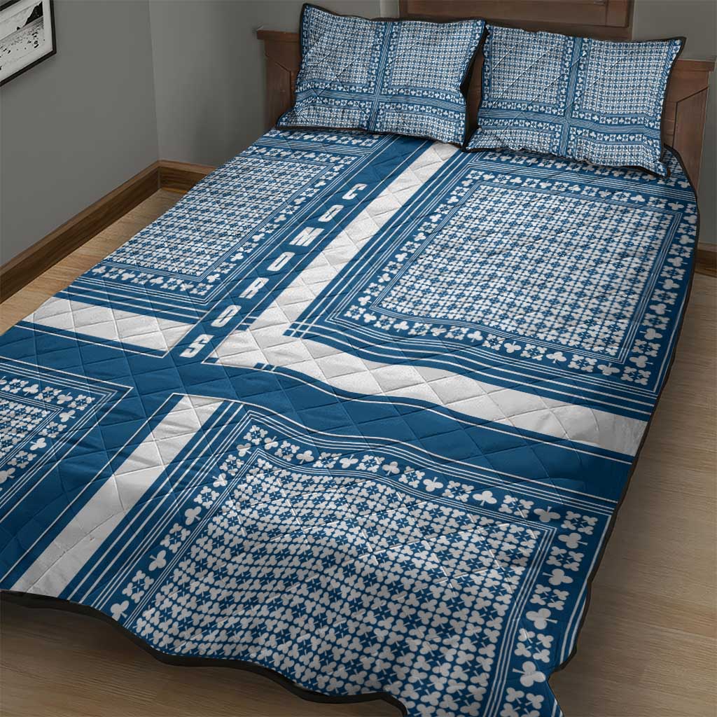 Comoros Quilt Bed Set - Blue and White Traditional Geometric Pattern and National Flag Detail TS04