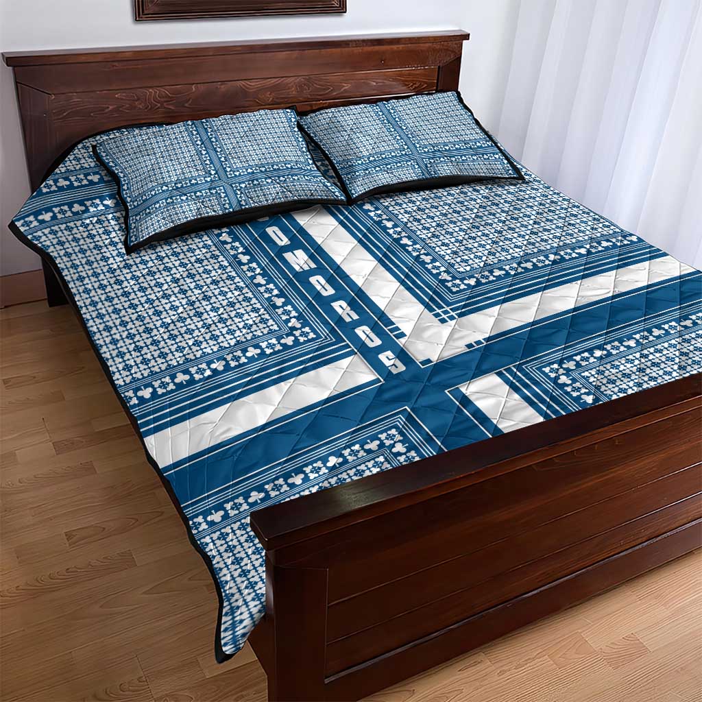 Comoros Quilt Bed Set - Blue and White Traditional Geometric Pattern and National Flag Detail TS04