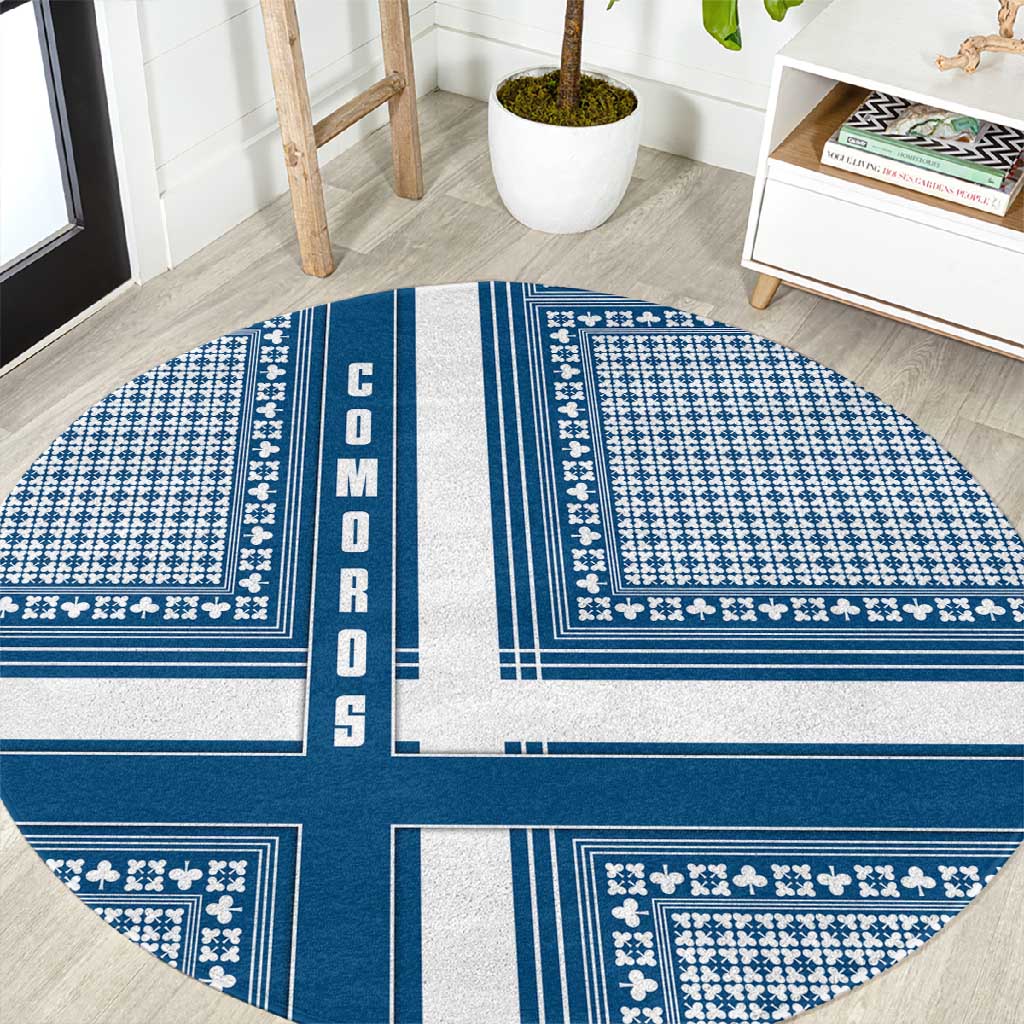 Comoros Round Carpet - Blue and White Traditional Geometric Pattern and National Flag Detail TS04