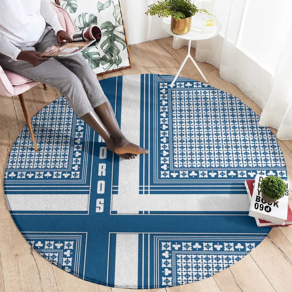 Comoros Round Carpet - Blue and White Traditional Geometric Pattern and National Flag Detail TS04