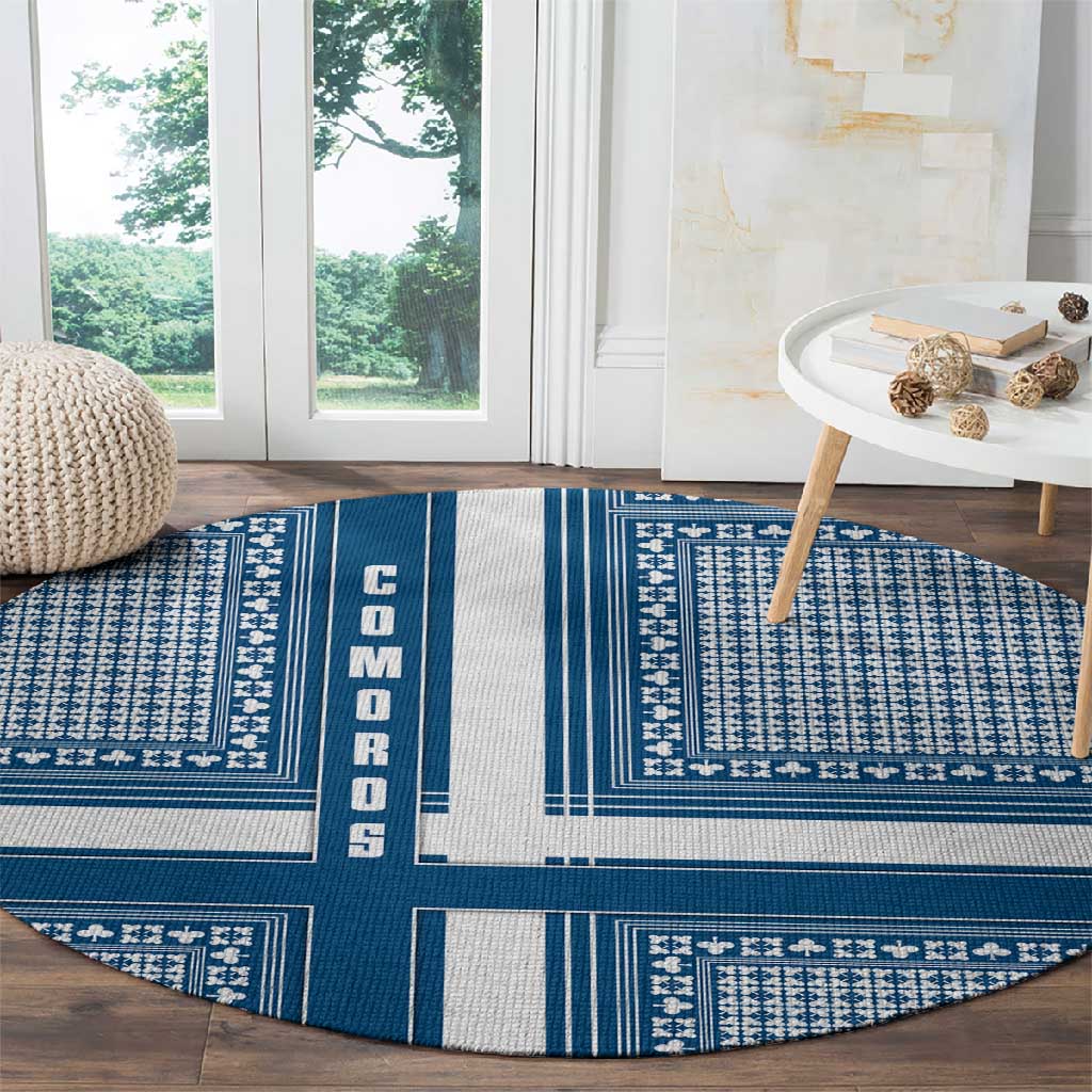 Comoros Round Carpet - Blue and White Traditional Geometric Pattern and National Flag Detail TS04