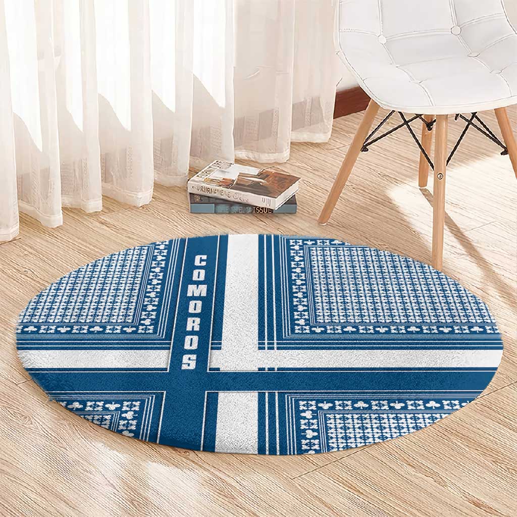 Comoros Round Carpet - Blue and White Traditional Geometric Pattern and National Flag Detail TS04