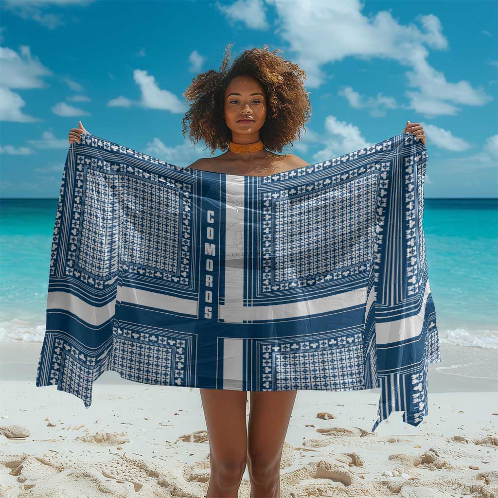 Comoros Sarong - Blue and White Traditional Geometric Pattern and National Flag Detail TS04