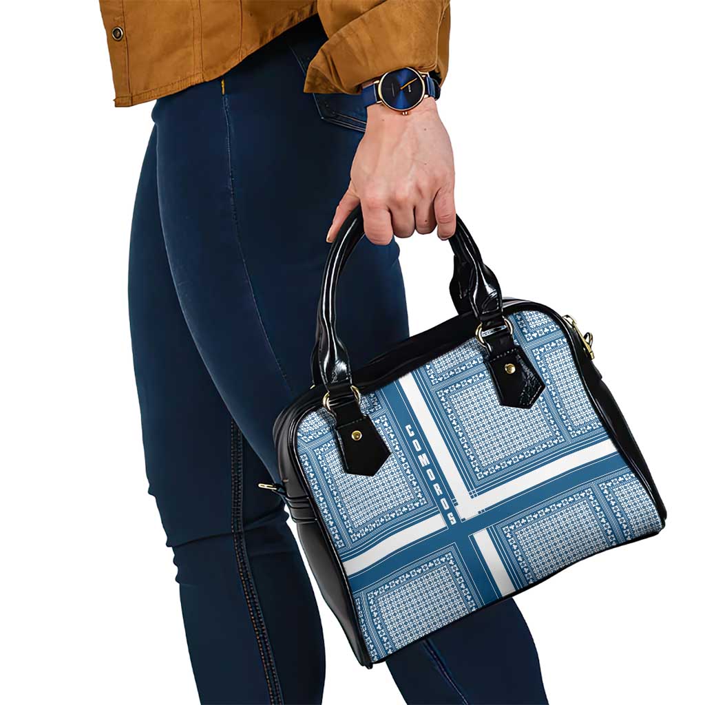 Comoros Shoulder Handbag with Blue and White Traditional Geometric Pattern and National Flag Detail TS04