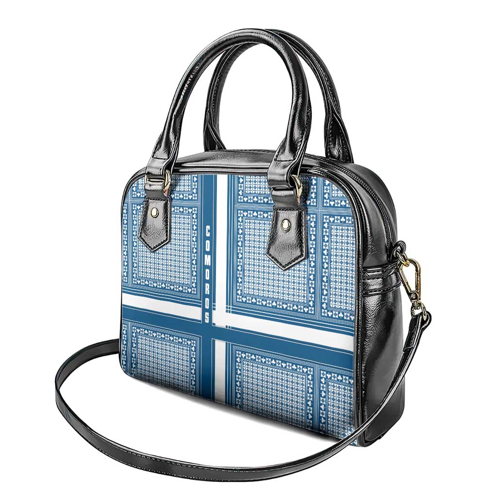 Comoros Shoulder Handbag with Blue and White Traditional Geometric Pattern and National Flag Detail TS04