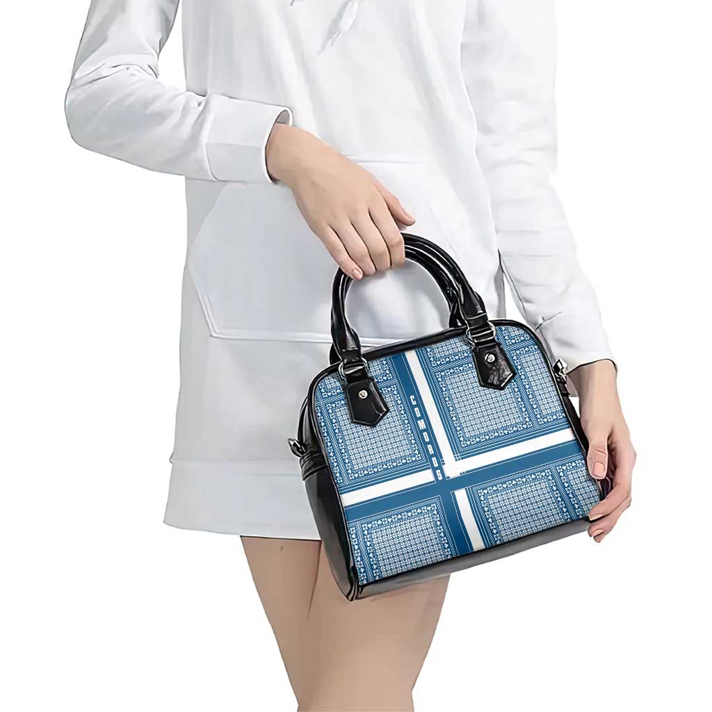 Comoros Shoulder Handbag with Blue and White Traditional Geometric Pattern and National Flag Detail TS04