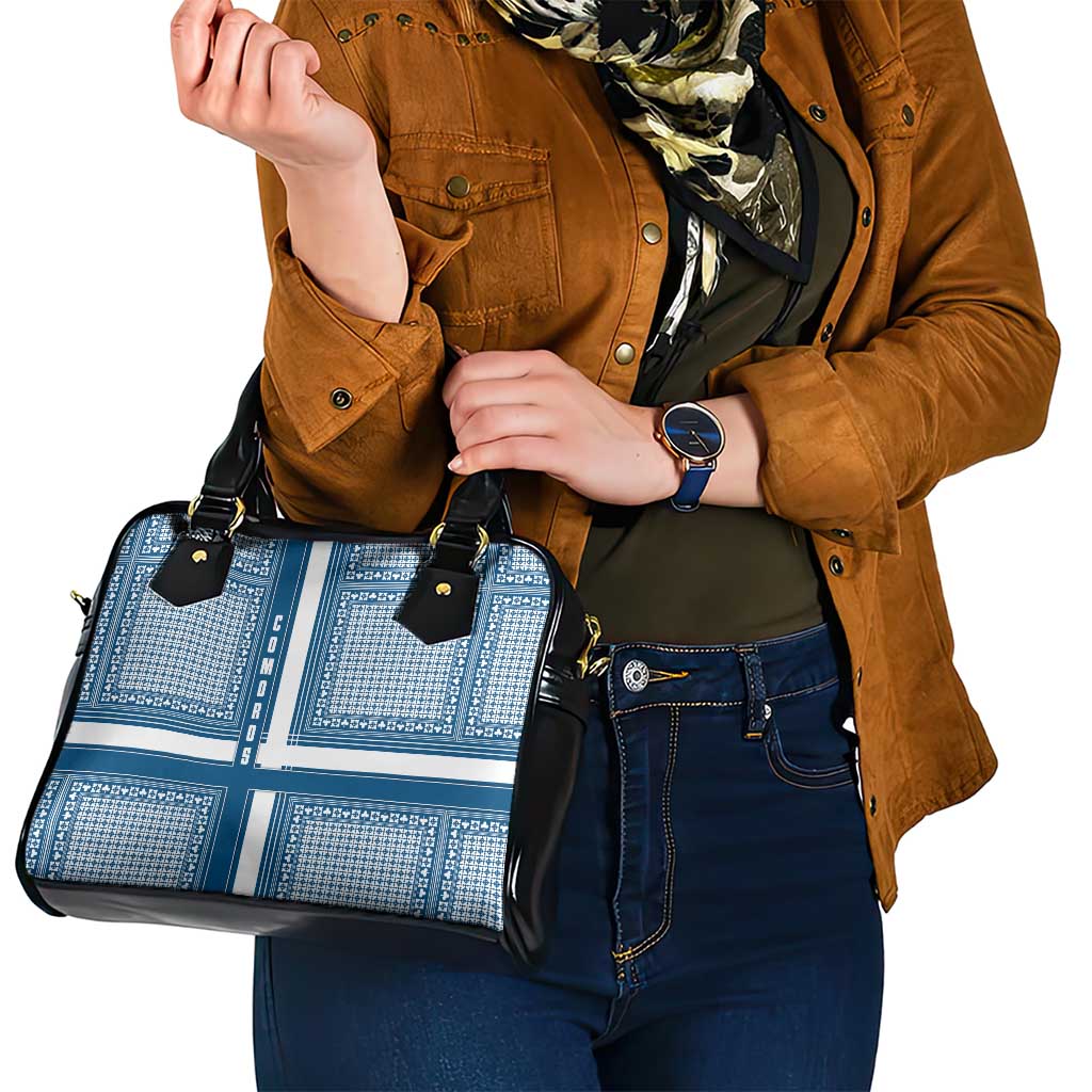 Comoros Shoulder Handbag with Blue and White Traditional Geometric Pattern and National Flag Detail TS04