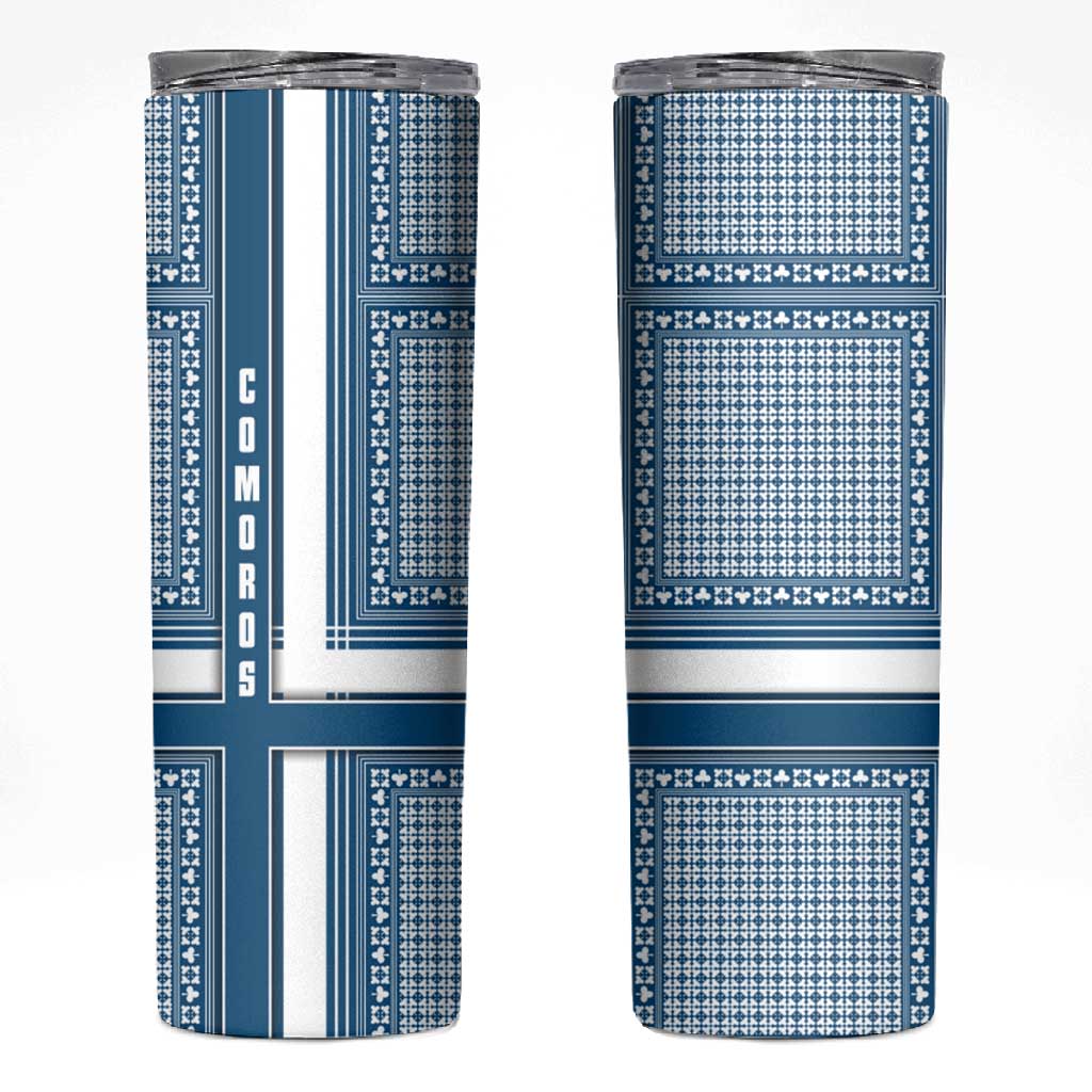 Comoros Skinny Tumbler - Blue and White Traditional Geometric Pattern and National Flag Detail TS04