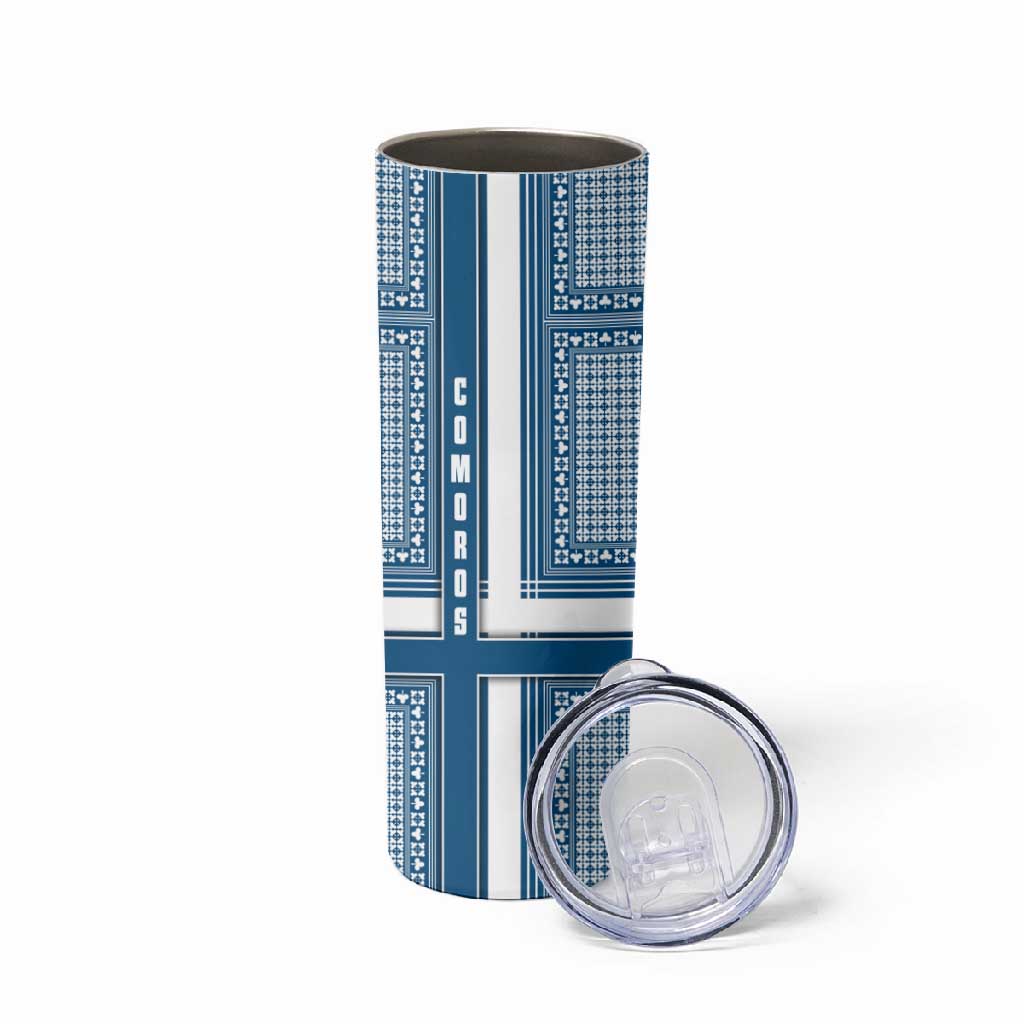Comoros Skinny Tumbler - Blue and White Traditional Geometric Pattern and National Flag Detail TS04