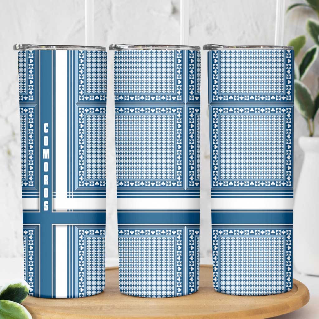 Comoros Skinny Tumbler - Blue and White Traditional Geometric Pattern and National Flag Detail TS04