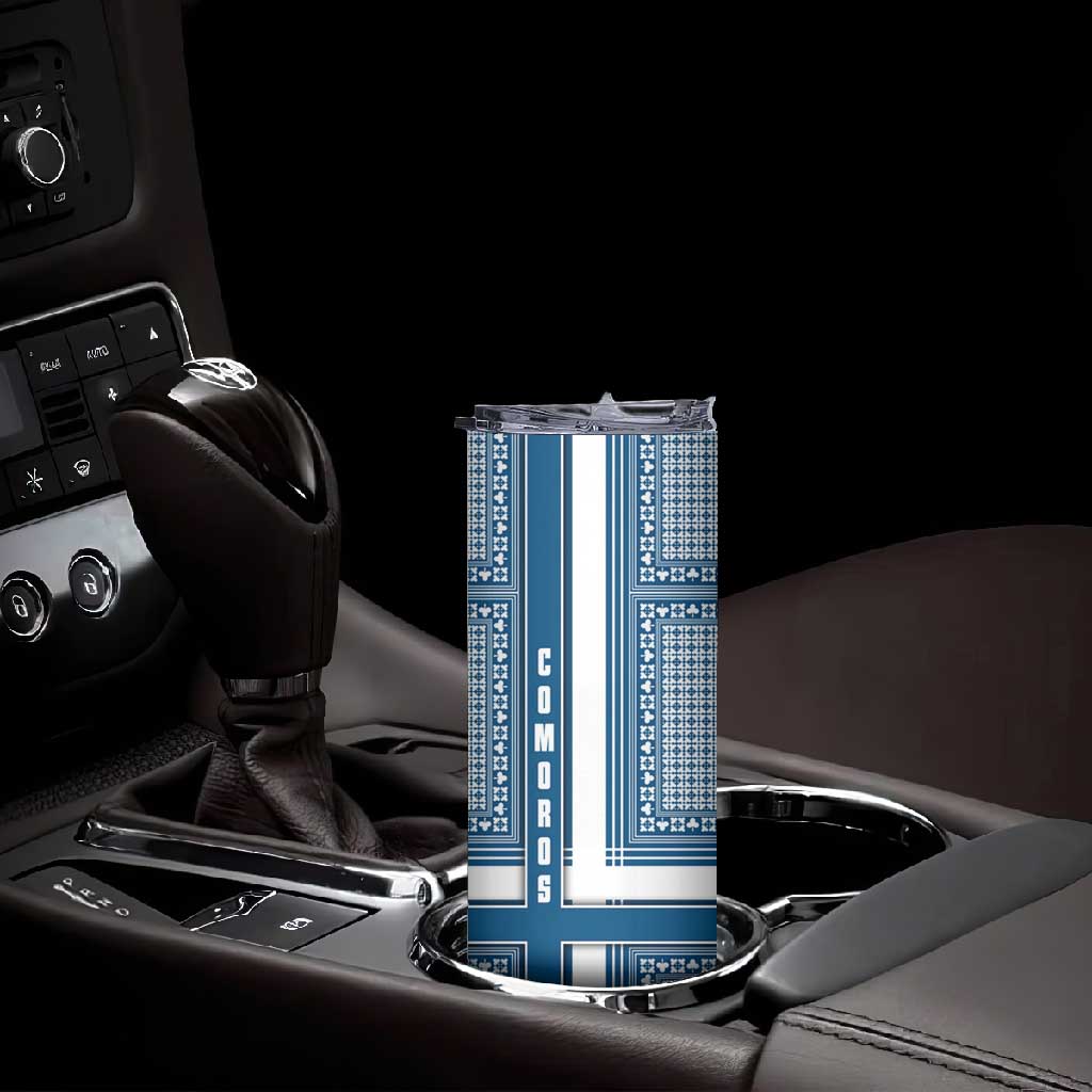 Comoros Skinny Tumbler - Blue and White Traditional Geometric Pattern and National Flag Detail TS04