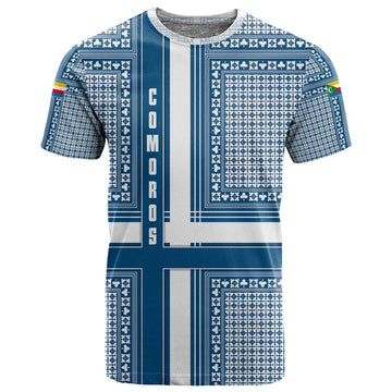 Comoros T shirt - Blue and White Traditional Geometric Pattern and National Flag Detail TS04