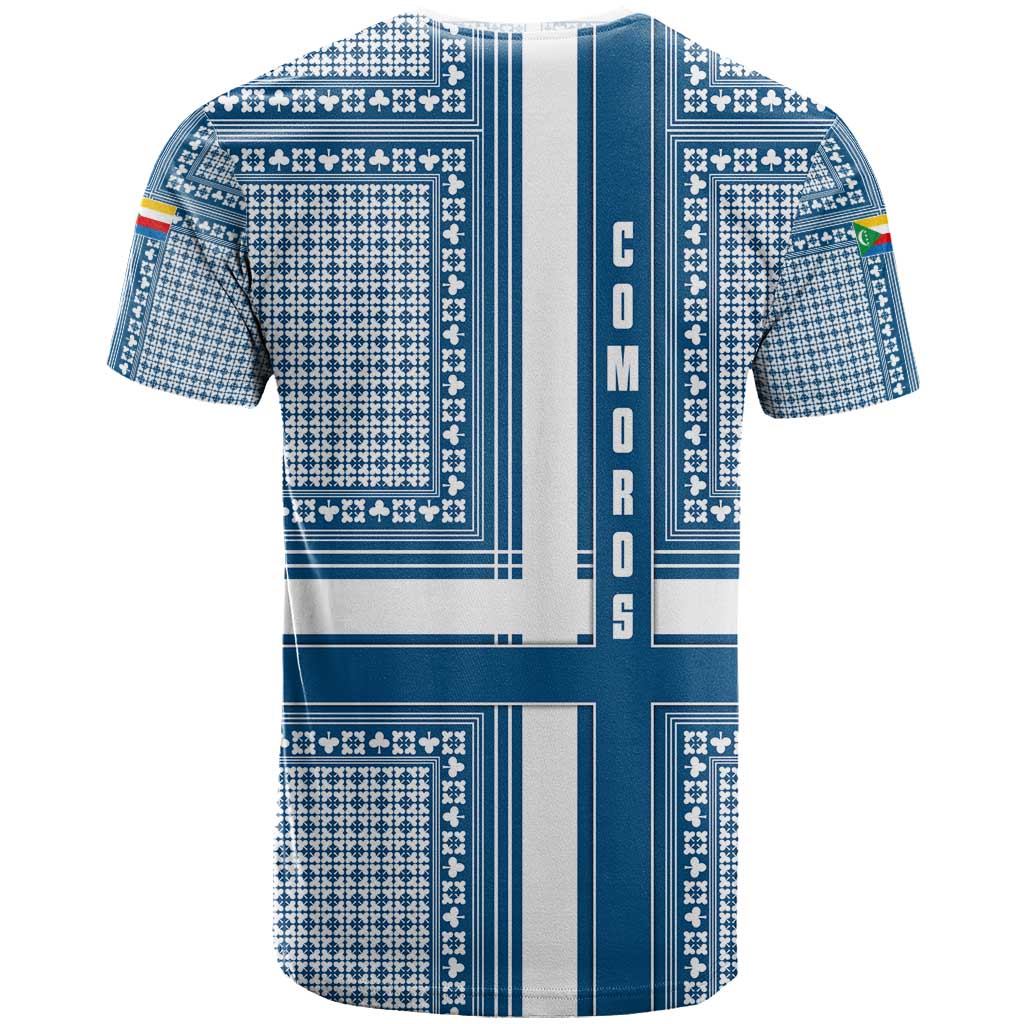 Comoros T shirt - Blue and White Traditional Geometric Pattern and National Flag Detail TS04