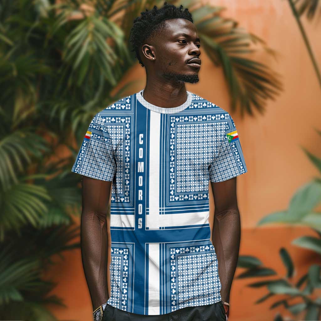 Comoros T shirt - Blue and White Traditional Geometric Pattern and National Flag Detail TS04