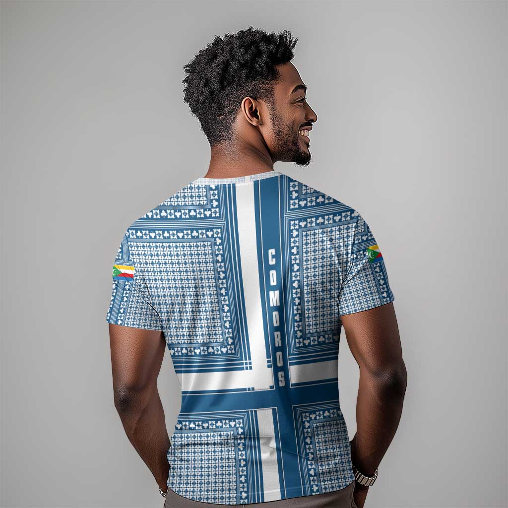 Comoros T shirt - Blue and White Traditional Geometric Pattern and National Flag Detail TS04