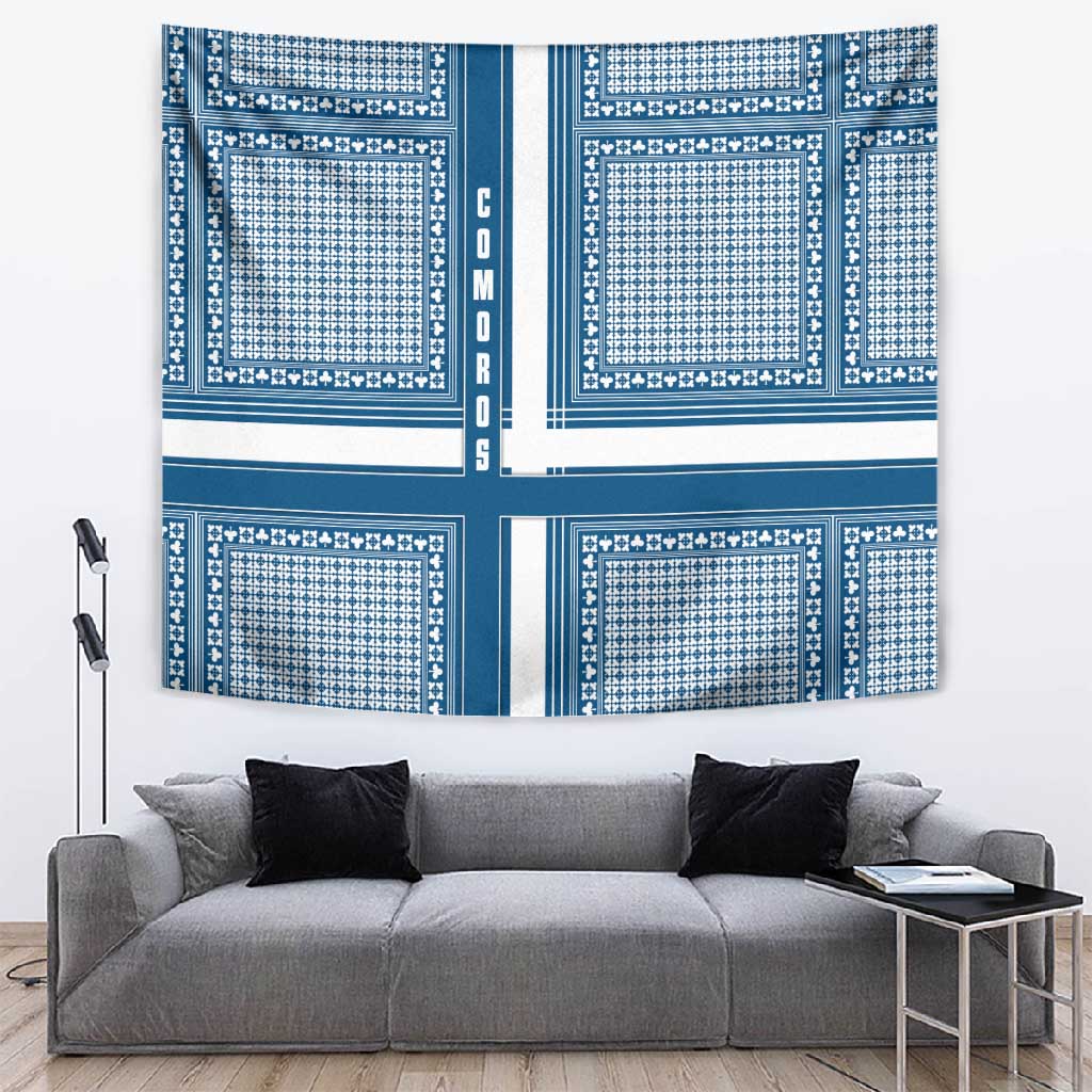 Comoros Tapestry - Blue and White Traditional Geometric Pattern and National Flag Detail TS04