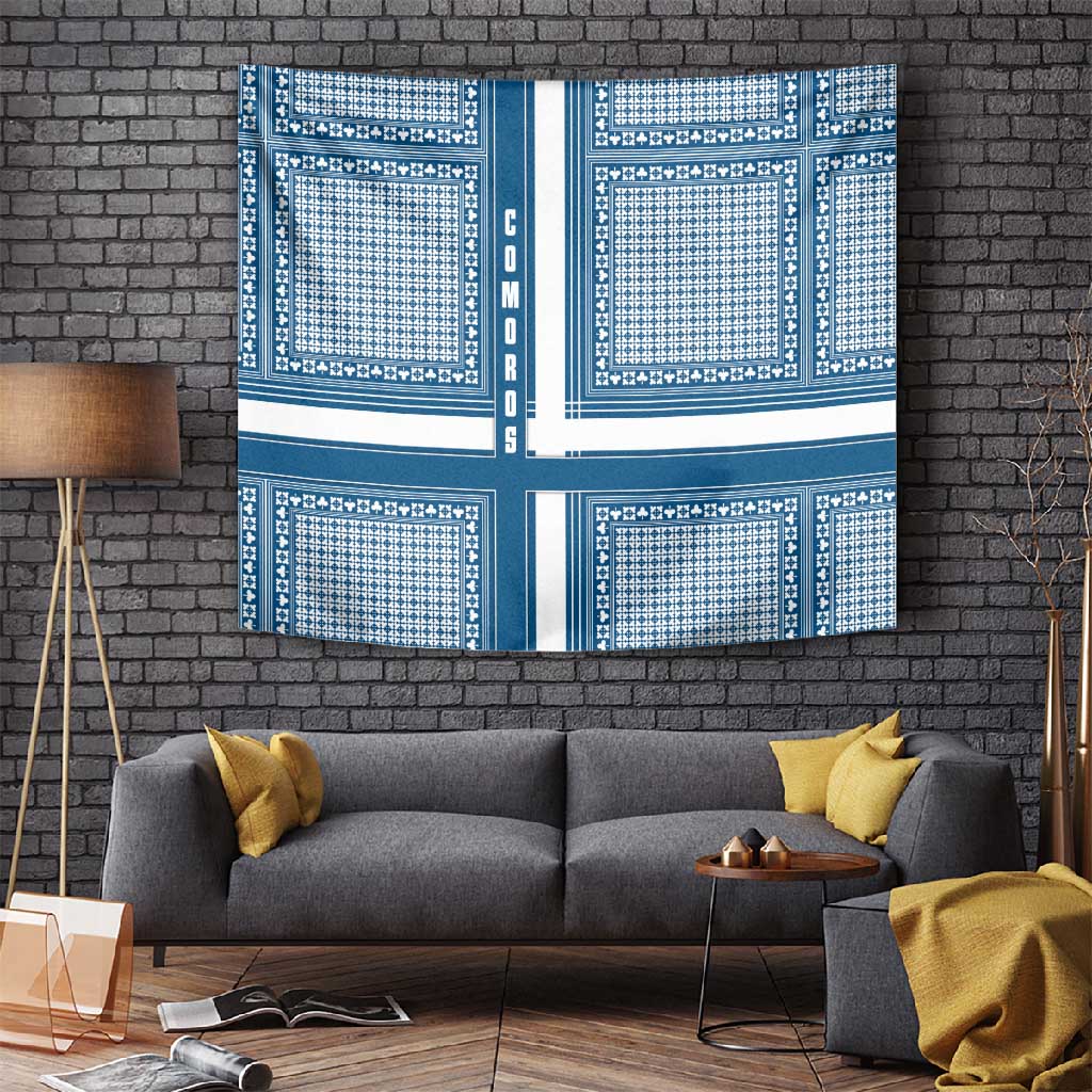 Comoros Tapestry - Blue and White Traditional Geometric Pattern and National Flag Detail TS04