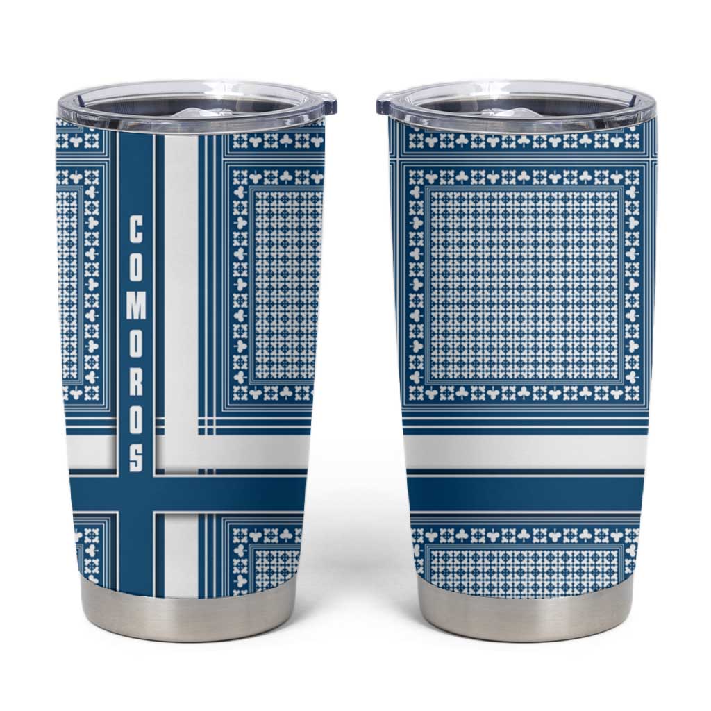 Comoros Tumbler Cup - Blue and White Traditional Geometric Pattern and National Flag Detail TS04