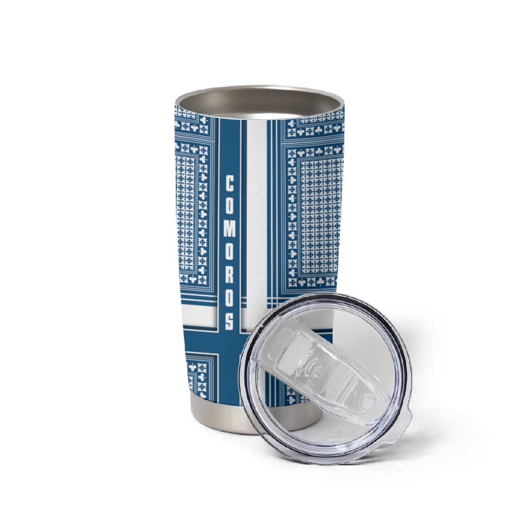 Comoros Tumbler Cup - Blue and White Traditional Geometric Pattern and National Flag Detail TS04