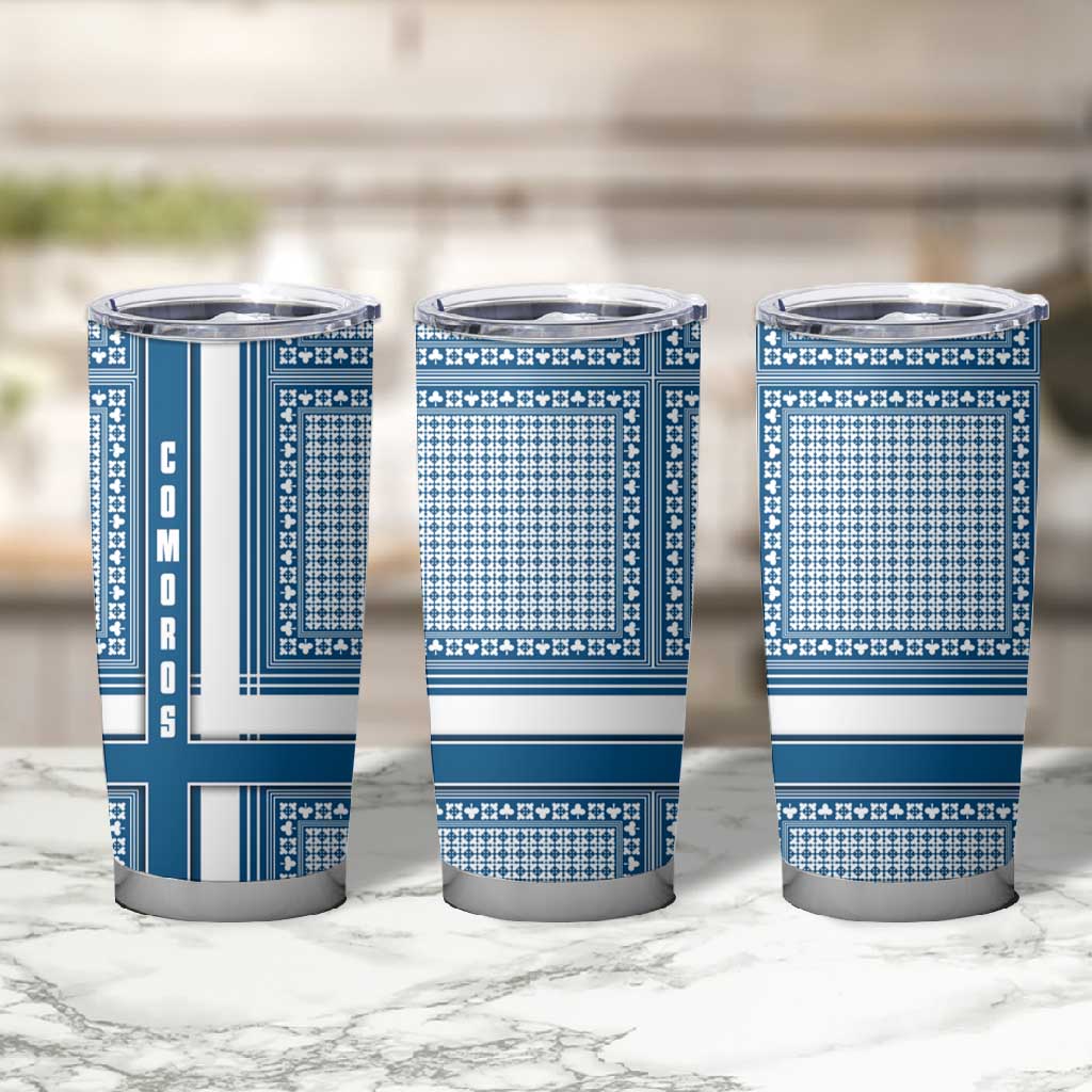 Comoros Tumbler Cup - Blue and White Traditional Geometric Pattern and National Flag Detail TS04
