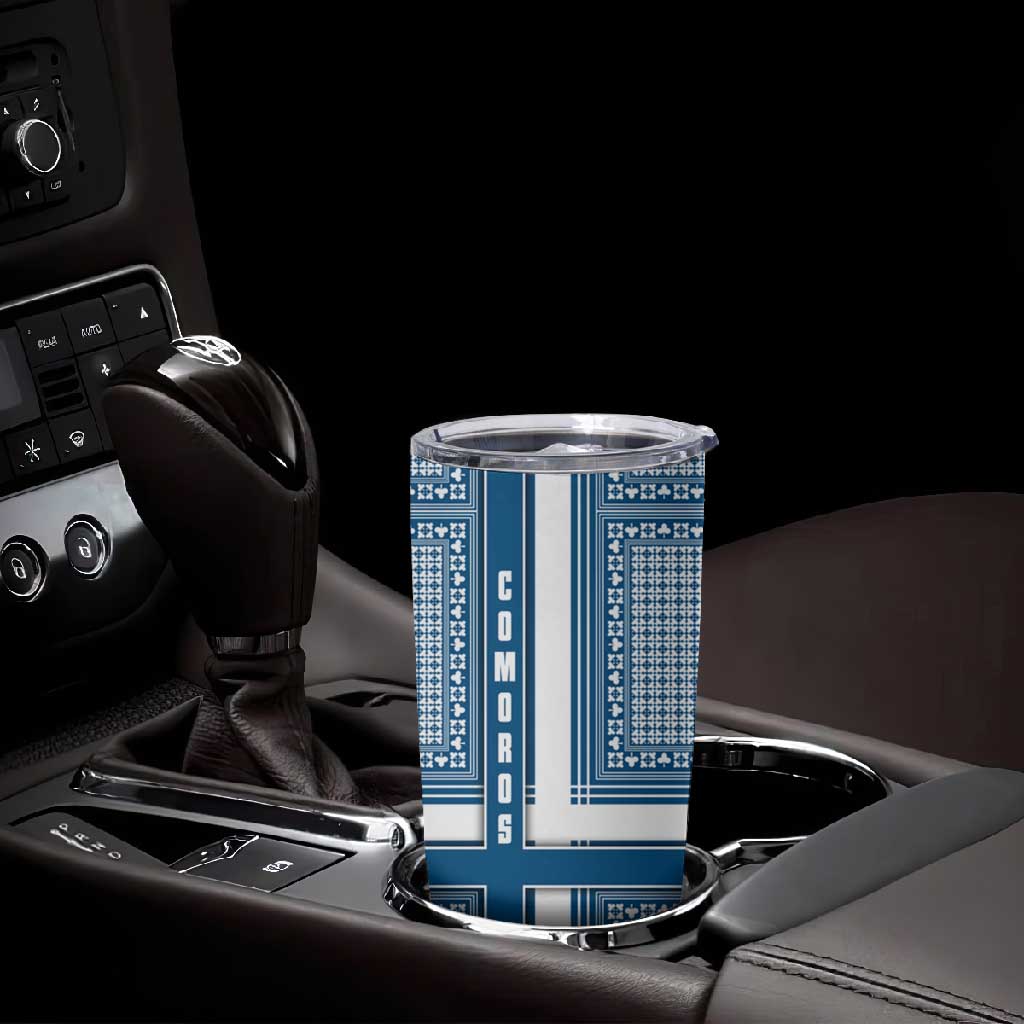 Comoros Tumbler Cup - Blue and White Traditional Geometric Pattern and National Flag Detail TS04