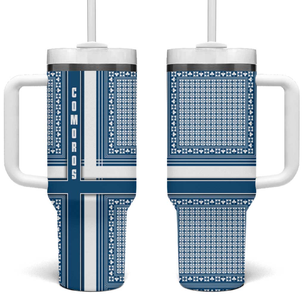 Comoros Tumbler With Handle - Blue and White Traditional Geometric Pattern and National Flag Detail TS04
