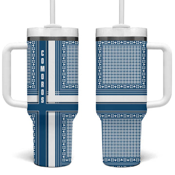 Comoros Tumbler With Handle - Blue and White Traditional Geometric Pattern and National Flag Detail TS04