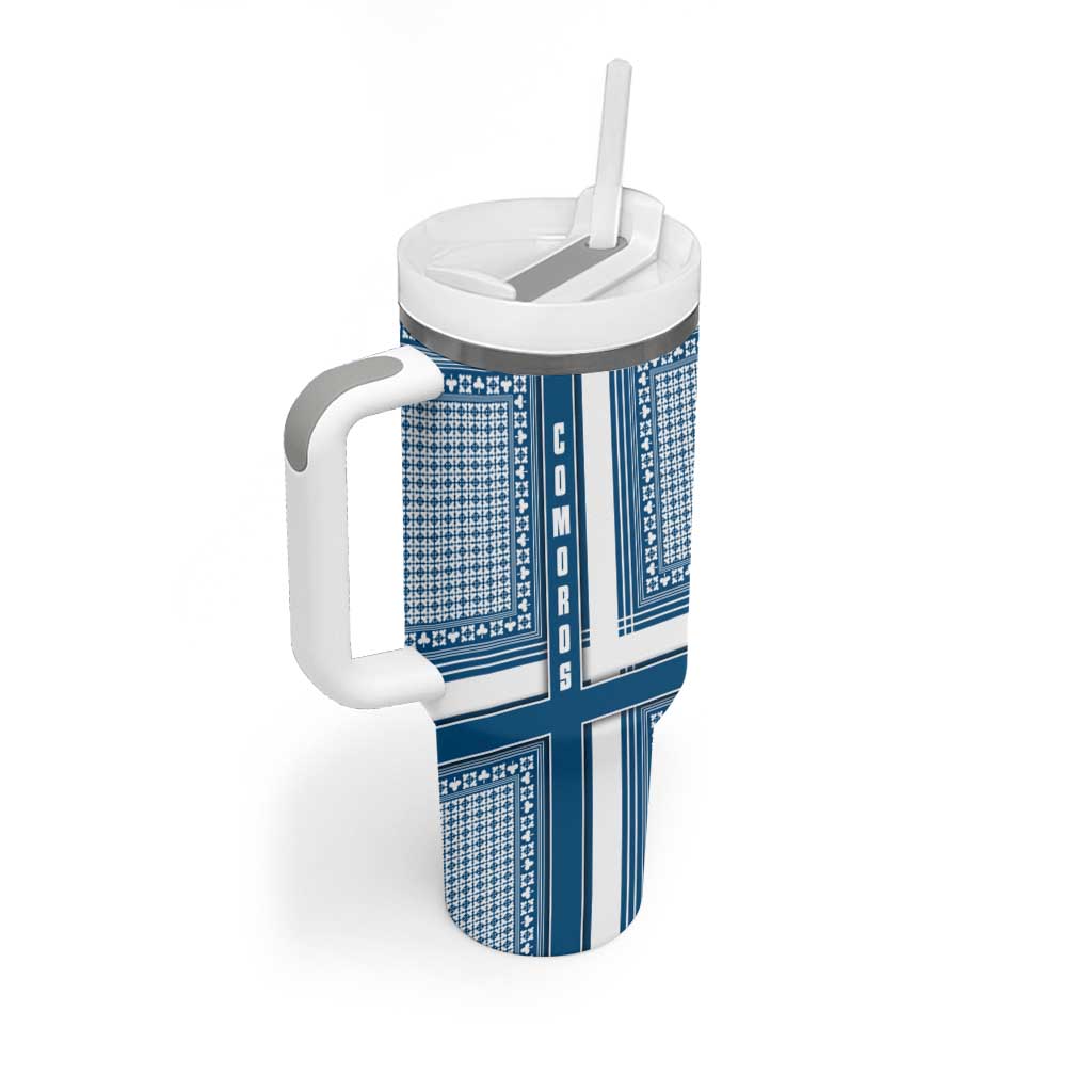 Comoros Tumbler With Handle - Blue and White Traditional Geometric Pattern and National Flag Detail TS04