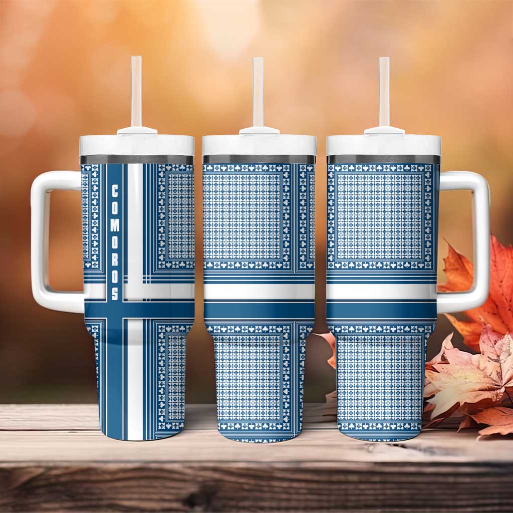 Comoros Tumbler With Handle - Blue and White Traditional Geometric Pattern and National Flag Detail TS04