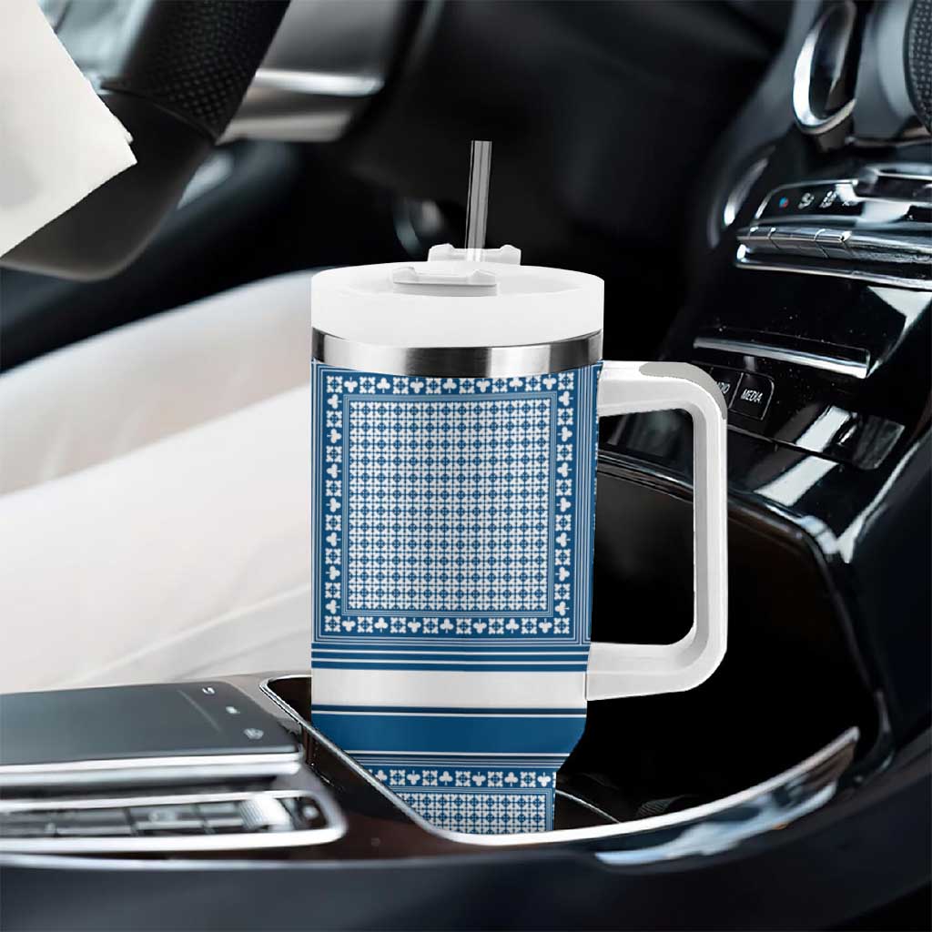 Comoros Tumbler With Handle - Blue and White Traditional Geometric Pattern and National Flag Detail TS04