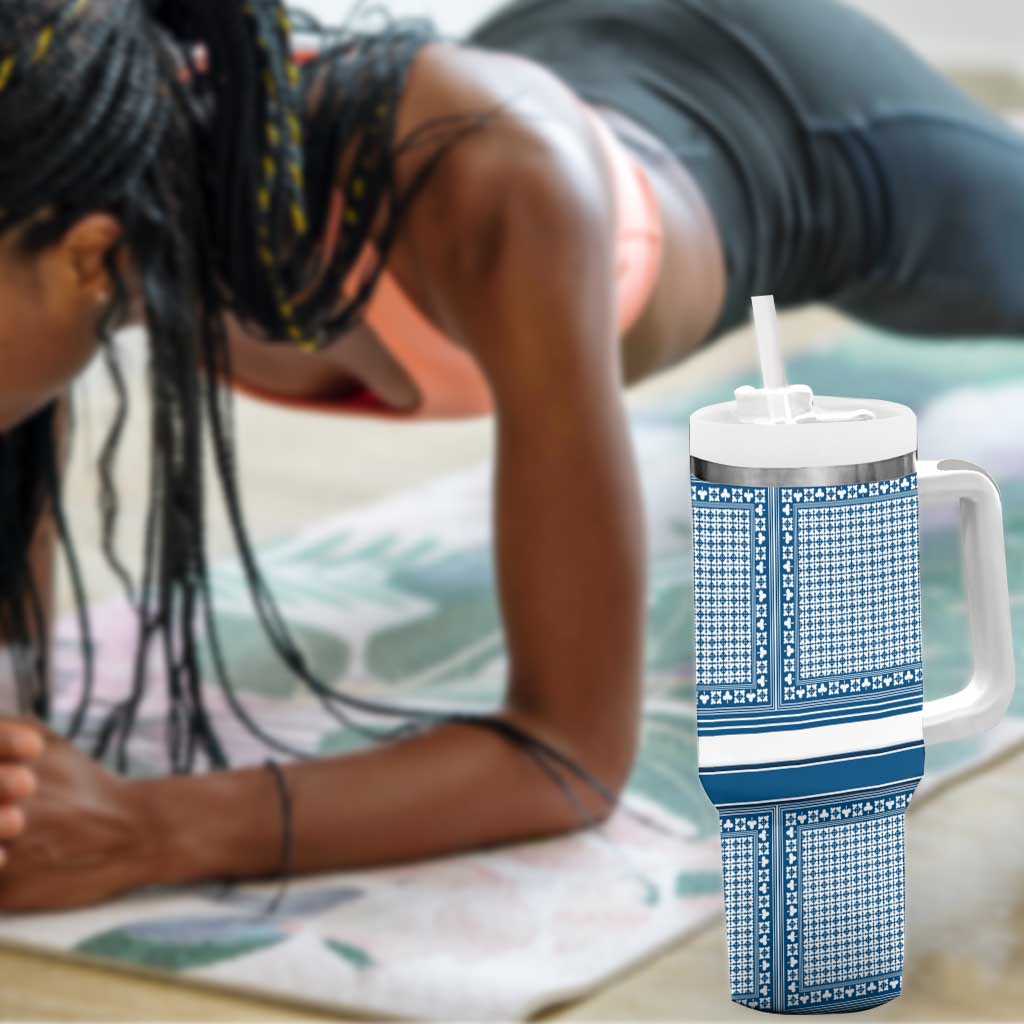 Comoros Tumbler With Handle - Blue and White Traditional Geometric Pattern and National Flag Detail TS04