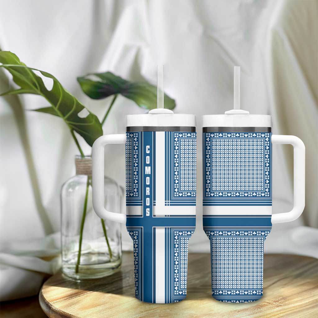 Comoros Tumbler With Handle - Blue and White Traditional Geometric Pattern and National Flag Detail TS04