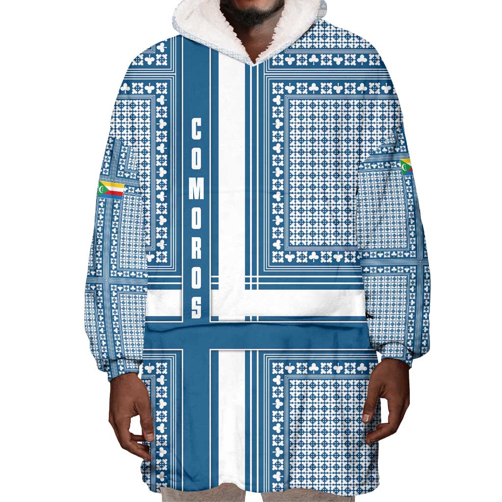 Comoros Wearable Blanket Hoodie - Blue and White Traditional Geometric Pattern and National Flag Detail TS04
