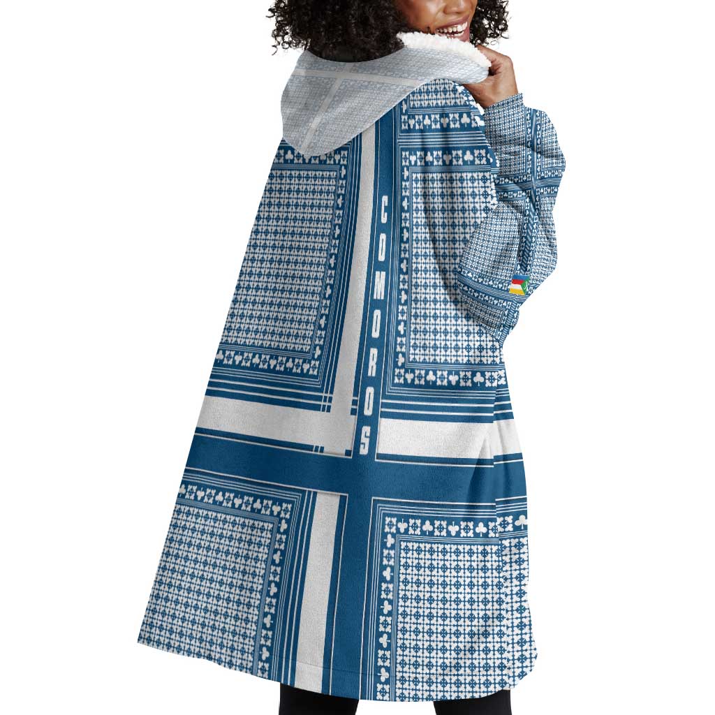 Comoros Wearable Blanket Hoodie - Blue and White Traditional Geometric Pattern and National Flag Detail TS04