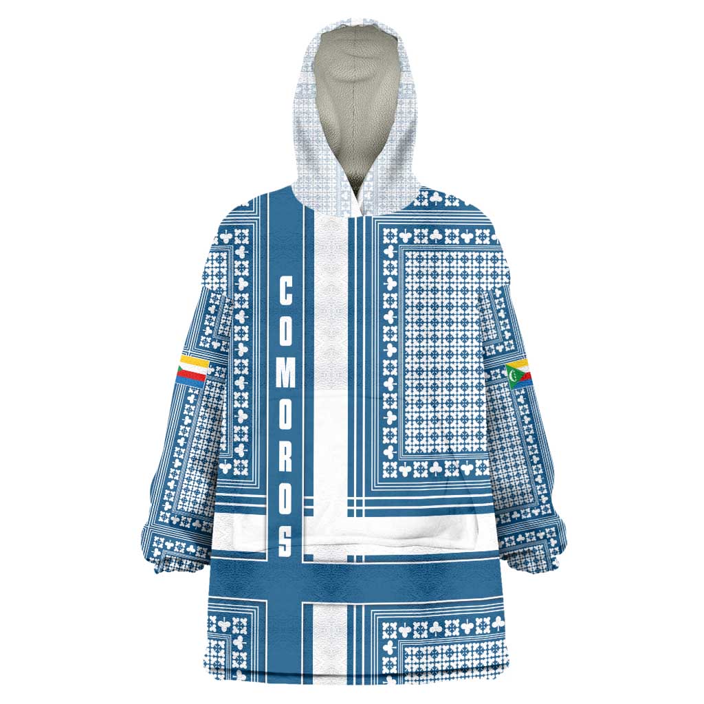 Comoros Wearable Blanket Hoodie - Blue and White Traditional Geometric Pattern and National Flag Detail TS04