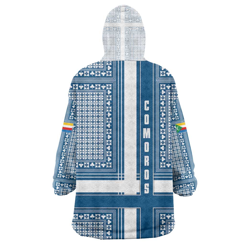 Comoros Wearable Blanket Hoodie - Blue and White Traditional Geometric Pattern and National Flag Detail TS04