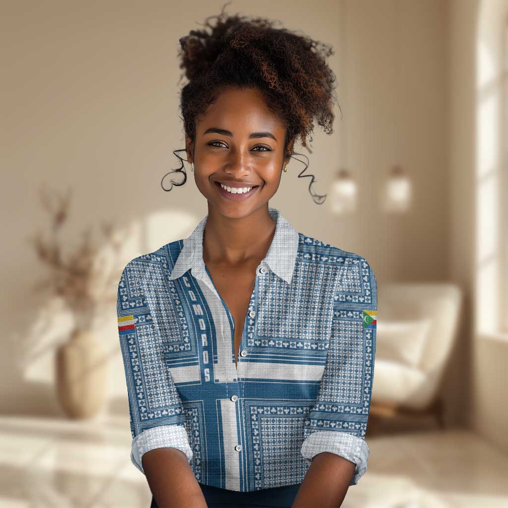 Comoros Women Casual Shirt - Blue and White Traditional Geometric Pattern and National Flag Detail TS04
