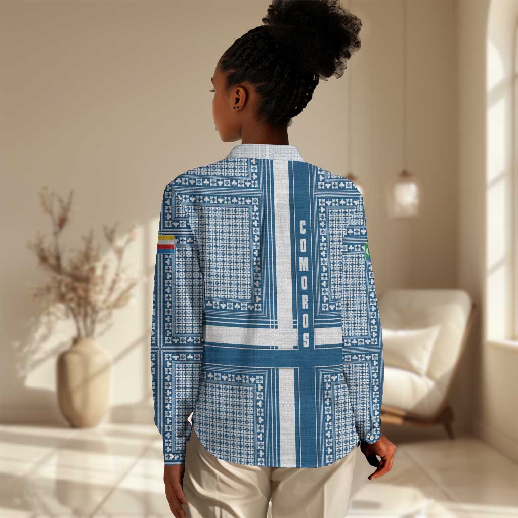 Comoros Women Casual Shirt - Blue and White Traditional Geometric Pattern and National Flag Detail TS04