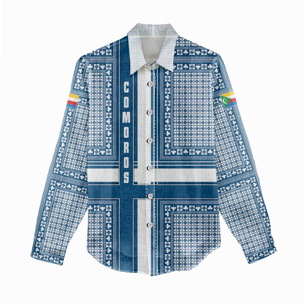 Comoros Women Casual Shirt - Blue and White Traditional Geometric Pattern and National Flag Detail TS04