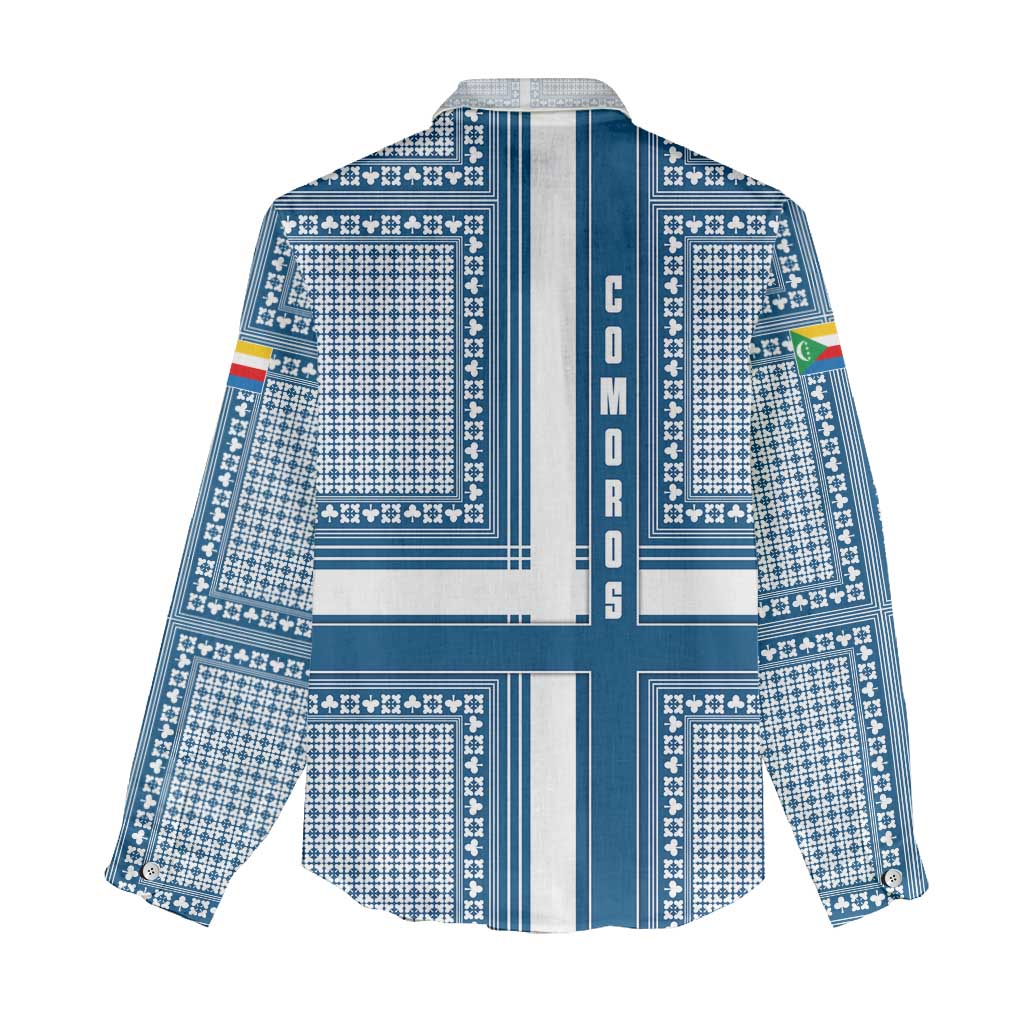 Comoros Women Casual Shirt - Blue and White Traditional Geometric Pattern and National Flag Detail TS04