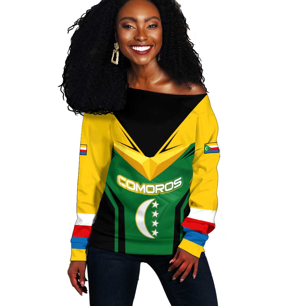 Comoros Off Shoulder Sweater - National Colors Green Yellow Black Crescent Moon and Stars Emblem TS04