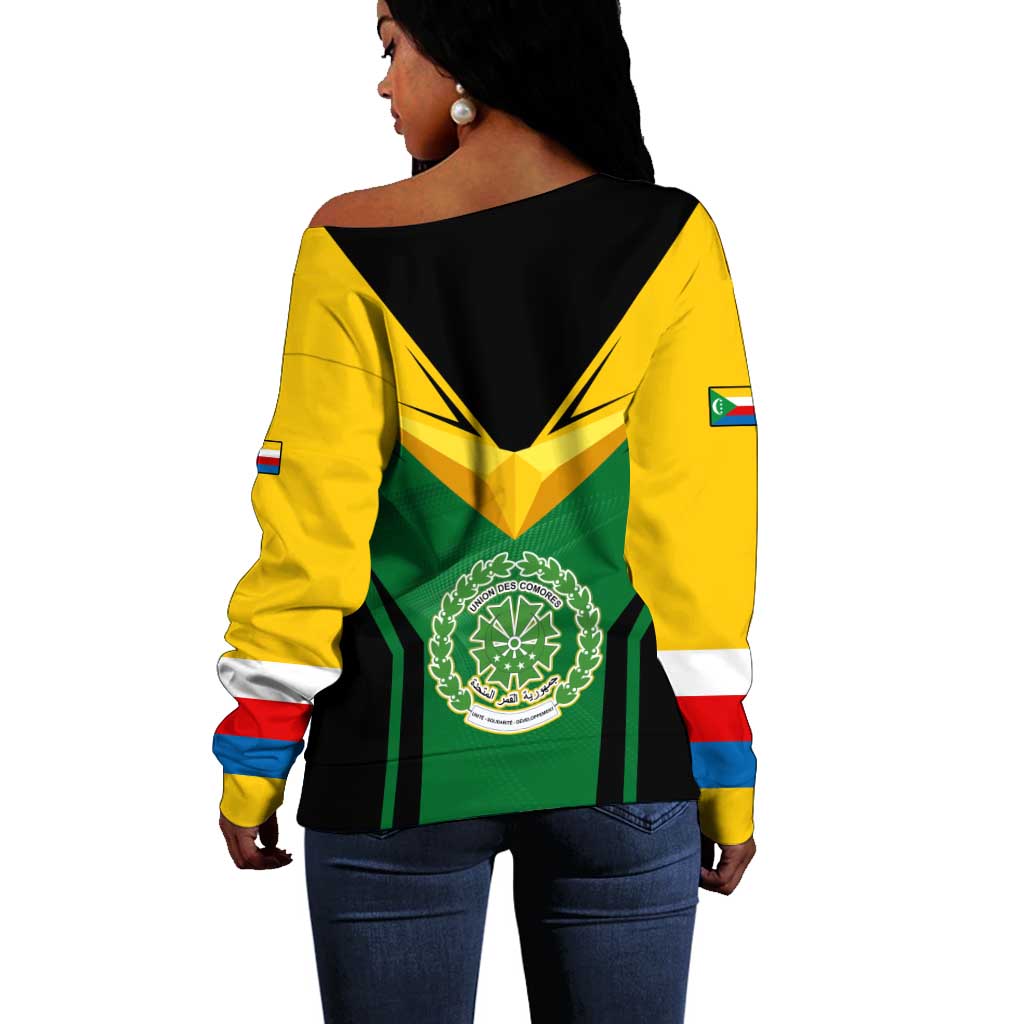 Comoros Off Shoulder Sweater - National Colors Green Yellow Black Crescent Moon and Stars Emblem TS04