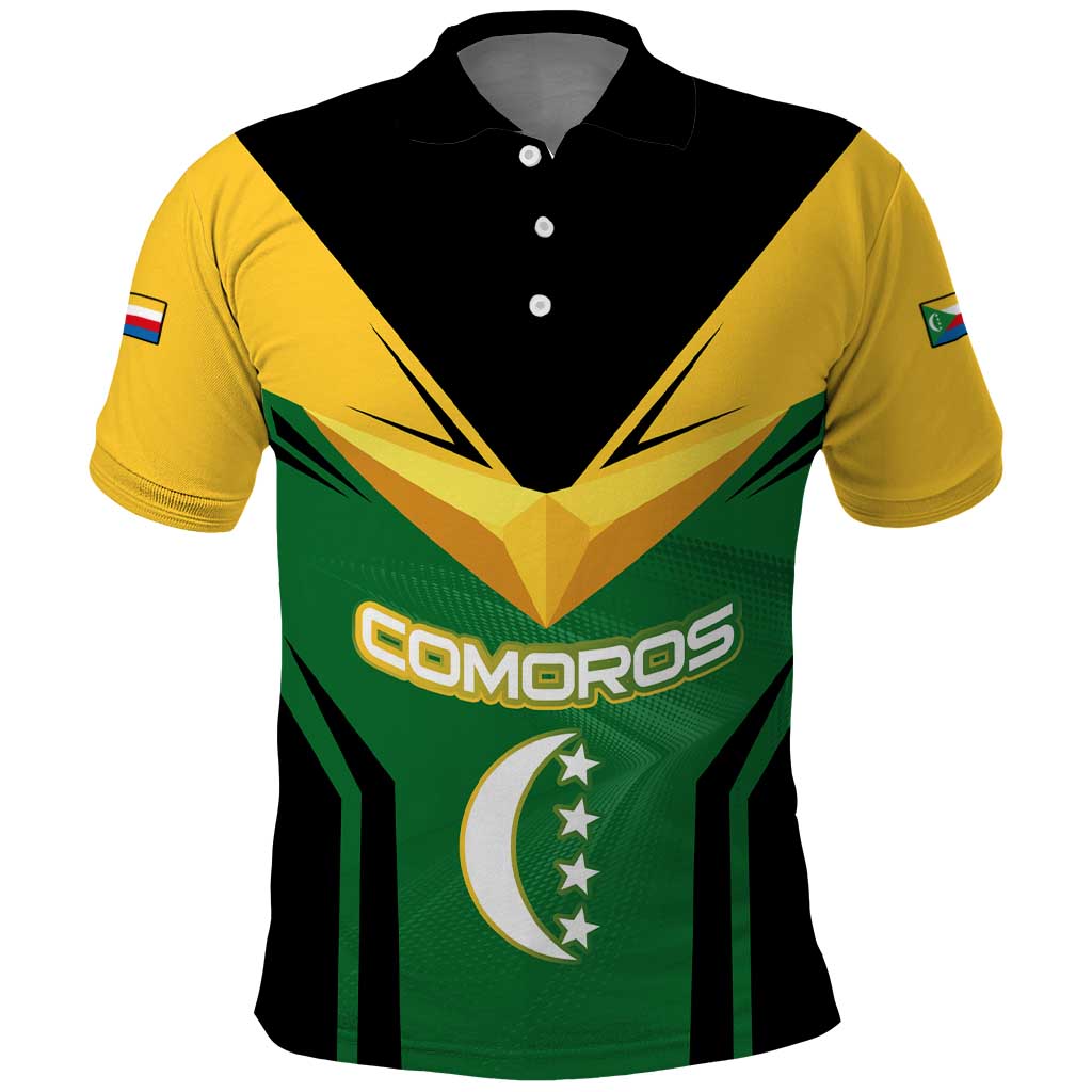 Comoros Polo Shirt with National Colors Green Yellow Black Crescent Moon and Stars Emblem TS04