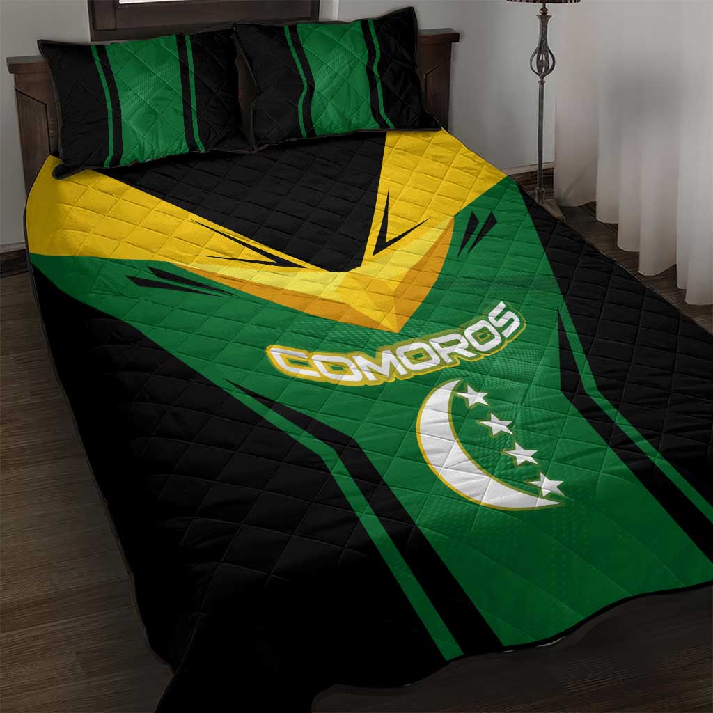 Comoros Quilt Bed Set - National Colors Green Yellow Black Crescent Moon and Stars Emblem TS04