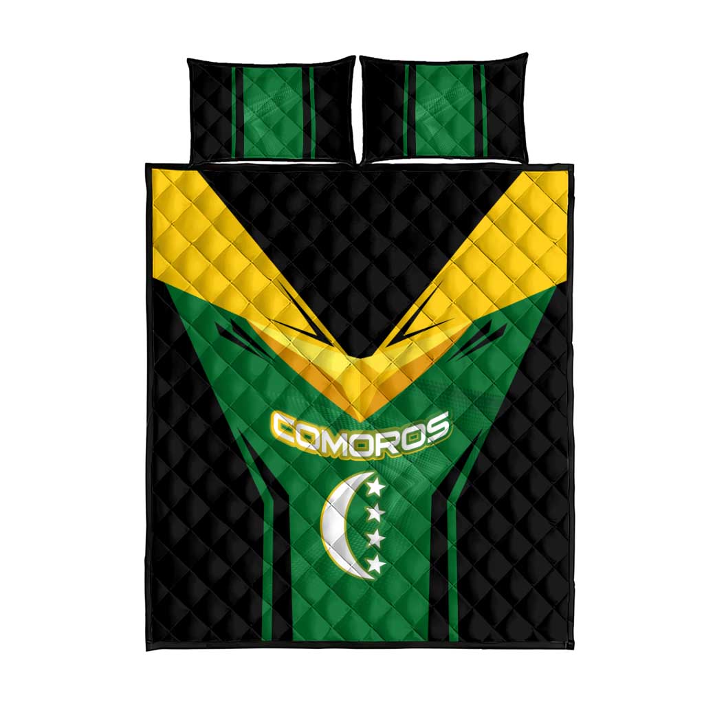 Comoros Quilt Bed Set - National Colors Green Yellow Black Crescent Moon and Stars Emblem TS04