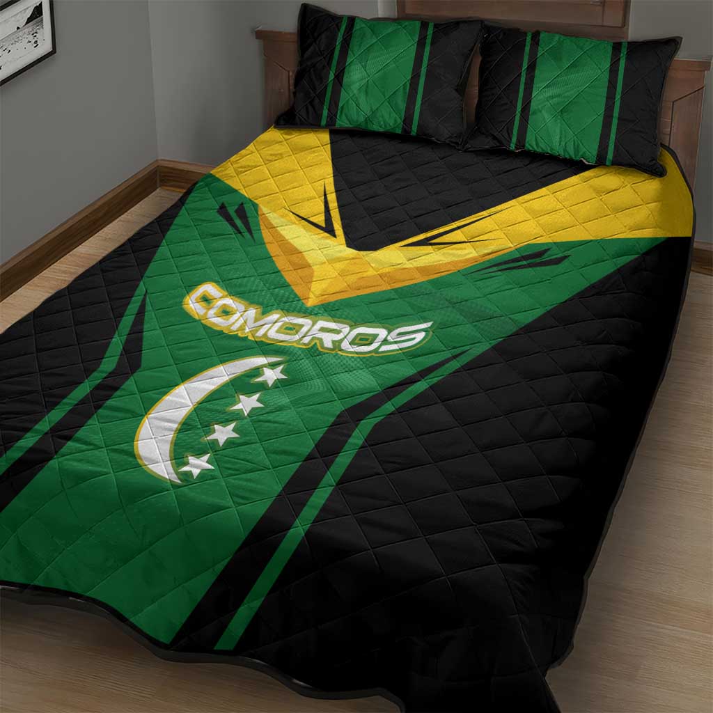 Comoros Quilt Bed Set - National Colors Green Yellow Black Crescent Moon and Stars Emblem TS04