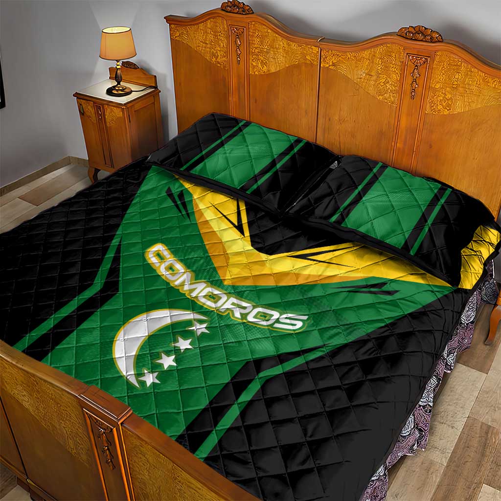 Comoros Quilt Bed Set - National Colors Green Yellow Black Crescent Moon and Stars Emblem TS04