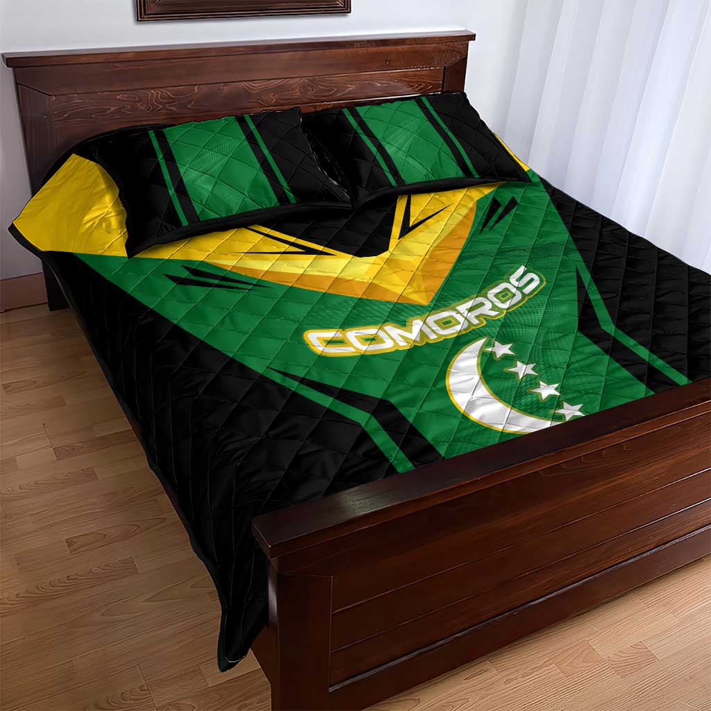 Comoros Quilt Bed Set - National Colors Green Yellow Black Crescent Moon and Stars Emblem TS04