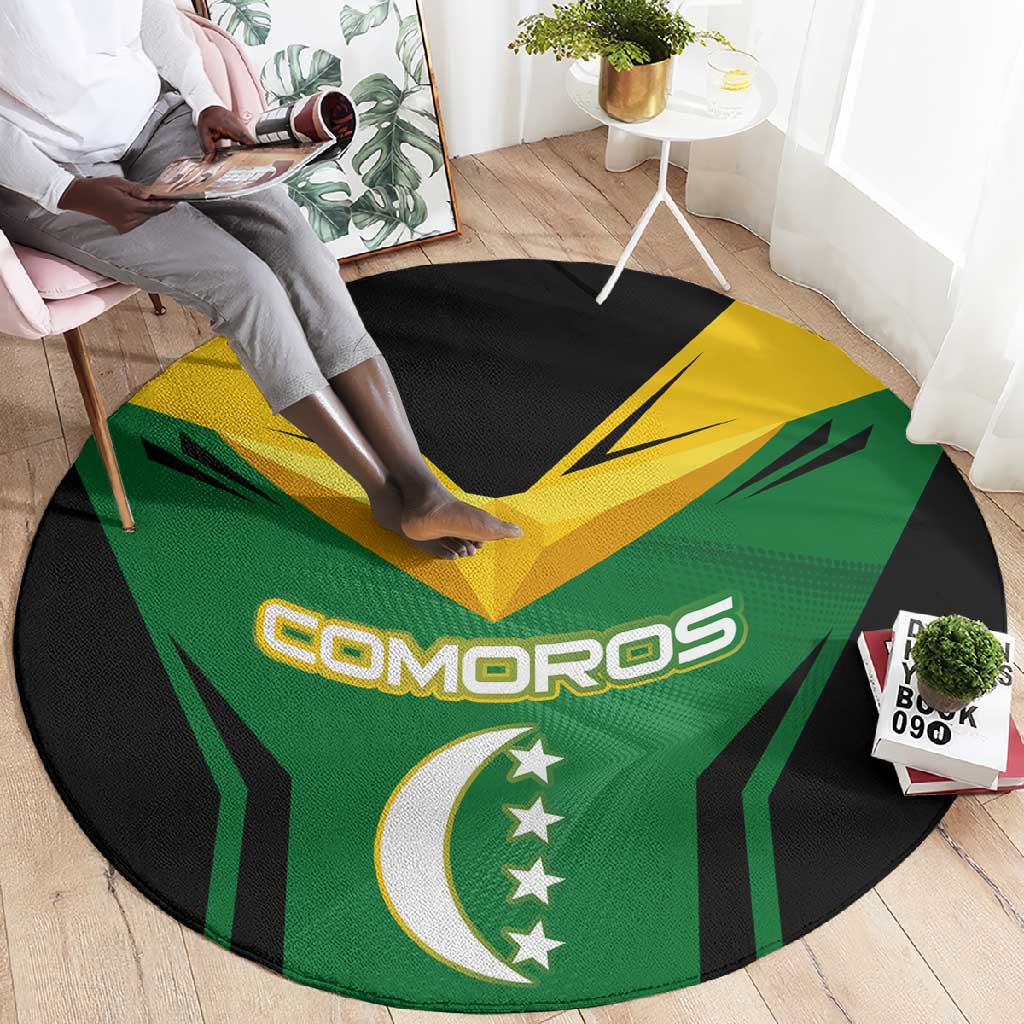 Comoros Round Carpet - National Colors Green Yellow Black Crescent Moon and Stars Emblem TS04
