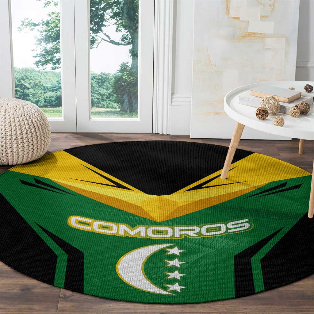 Comoros Round Carpet - National Colors Green Yellow Black Crescent Moon and Stars Emblem TS04